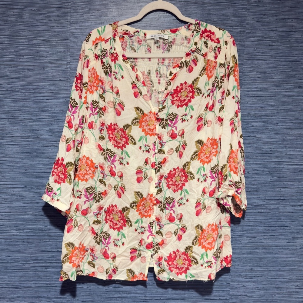 Rose + Olive Women's Top Plus Size 2XL‎ Floral V-Neck 3/4 Sleeve Flowy Relaxed